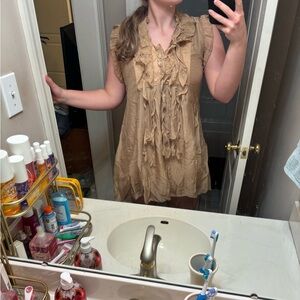 Brown silk Ruffled Sleeveless Dress